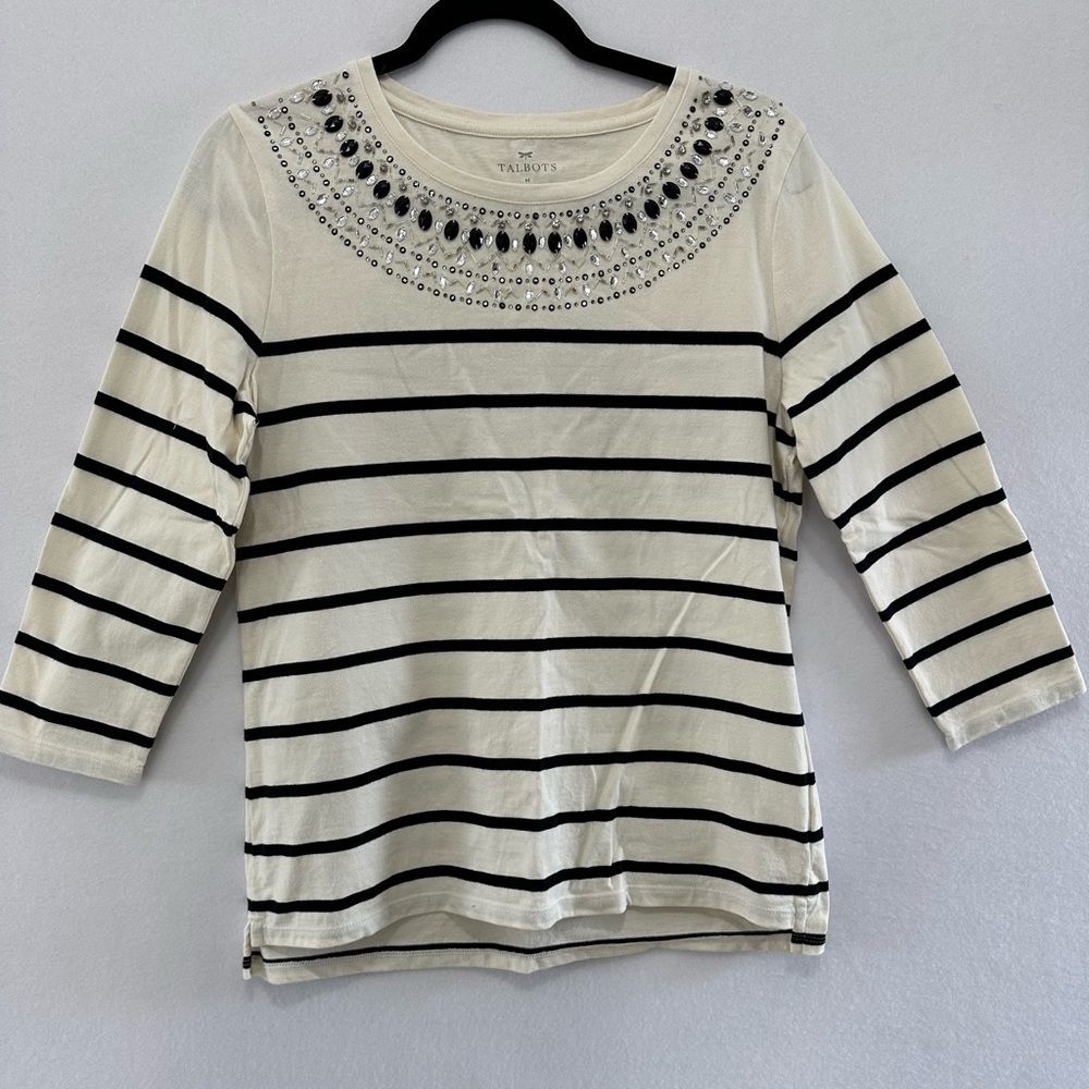 Talbots Cream Black Jeweled Striped Pullover 3/4 Sleeve Tee Size Medium